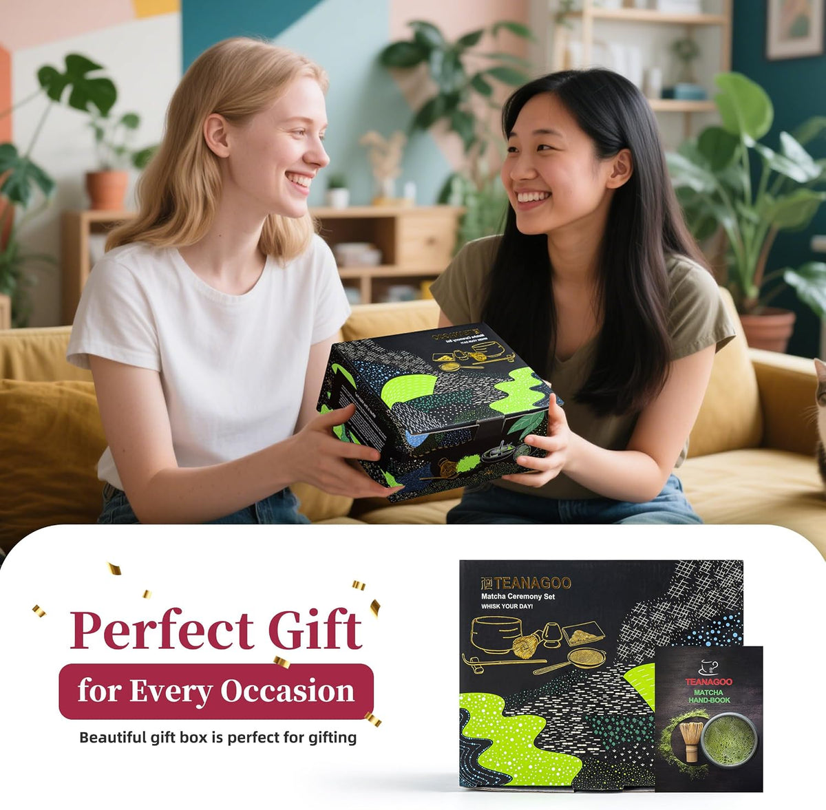 TEANAGOO 7-Piece Black Matcha Set – Ceramic Chawan, Whisk, Holder & Sifter for Ceremony & Latte