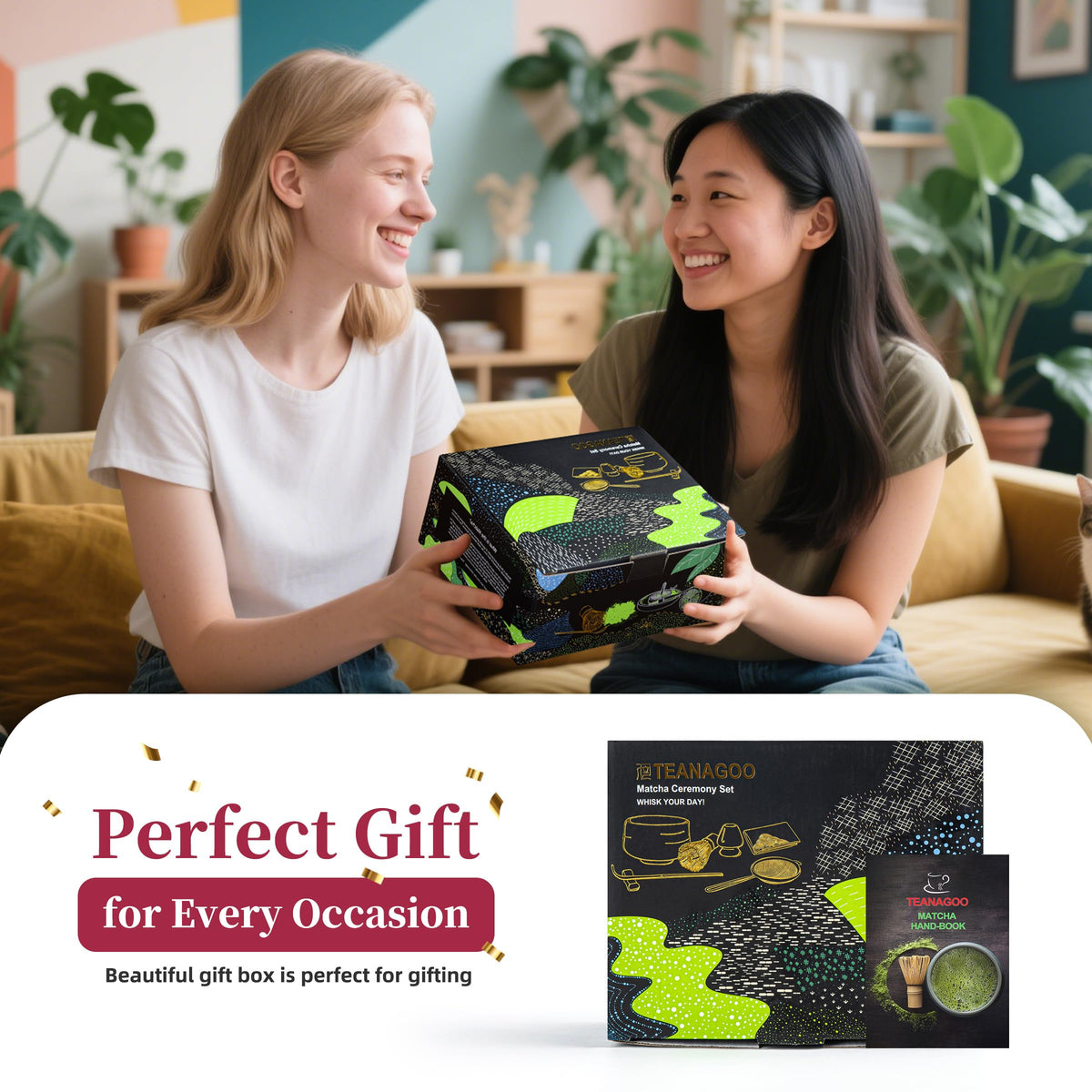 TEANAGOO 7-Piece Black Matcha Set – Ceramic Chawan, Whisk, Holder & Sifter for Ceremony & Latte