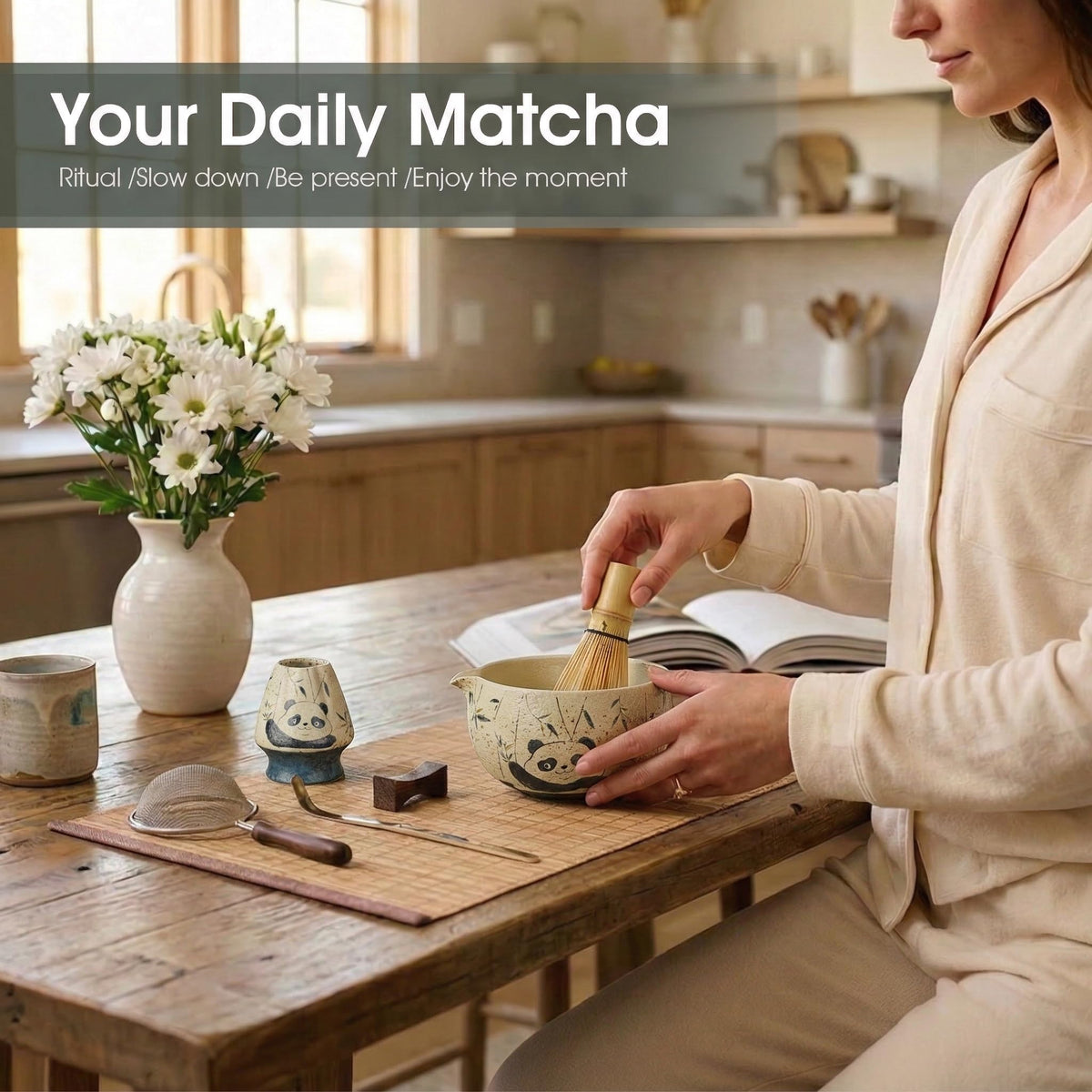 7-Piece Matcha Set – Floral Bowl & Purple Bamboo Whisk