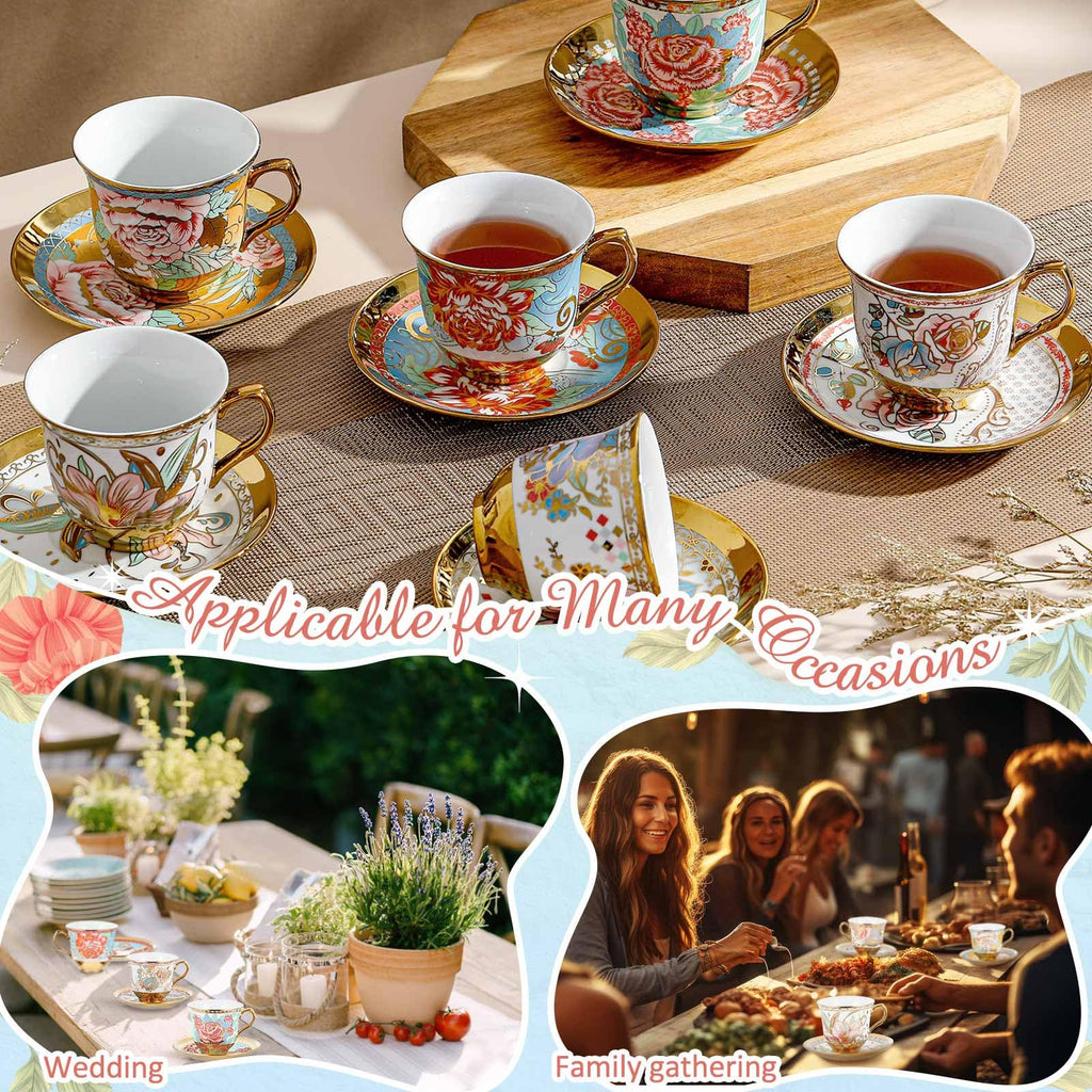 Floral Porcelain Tea Cups & Saucers Set of 18 – 6 Patterns, 5.4 oz