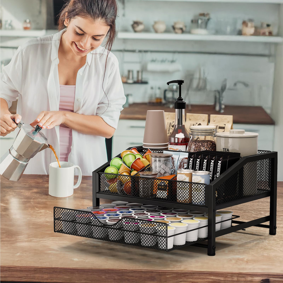Homsorout Coffee Bar Organizer – Metal & Wood, Black and Brown