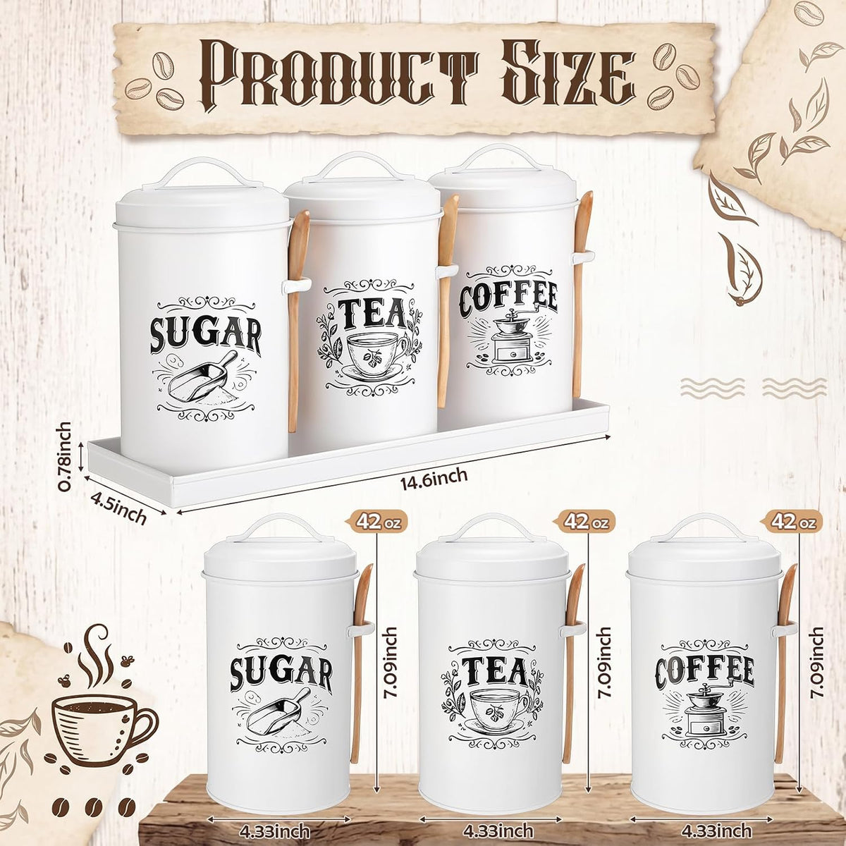 White Coffee, Tea & Sugar Canister Set of 3 with Tray & Wood Scoops – Metal, Airtight, Farmhouse
