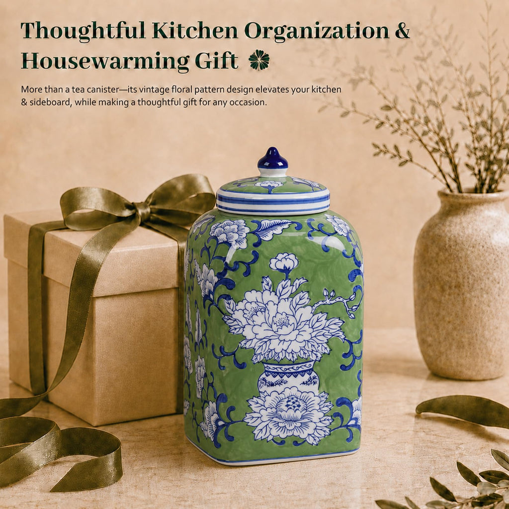 Ceramic Tea & Coffee Canister with Airtight Lid – 10" H, 121 fl oz, Green Peony Chinoiserie