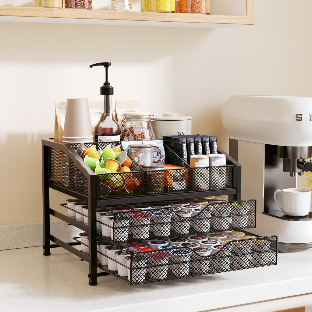 Homsorout Coffee Bar Organizer – Metal & Wood, Black and Brown