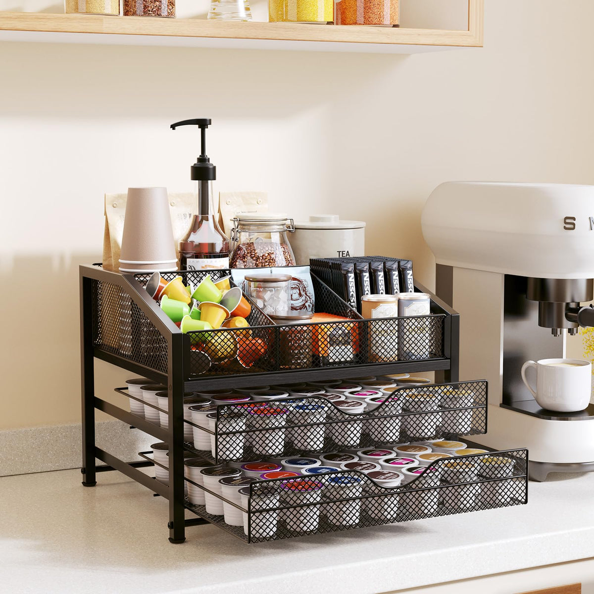 Homsorout Coffee Bar Organizer – Metal & Wood, Black and Brown