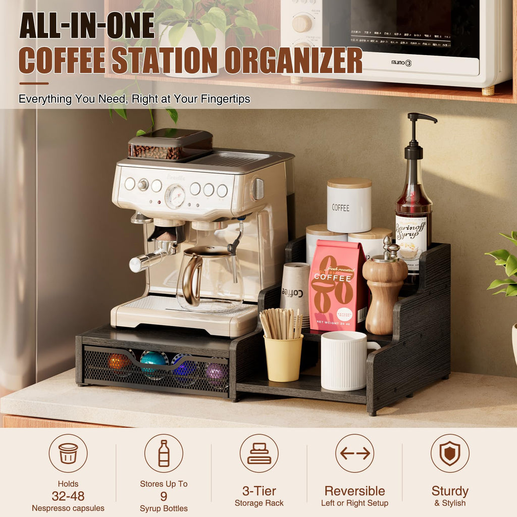 3-Tier Coffee Station Organizer with K-Cup Holder – Rustic Brown