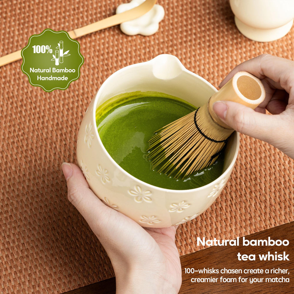 6-Piece Ceramic Matcha Set – Blue Cherry Blossom Bowl, 100-Prong Whisk, Scoop & Sifter
