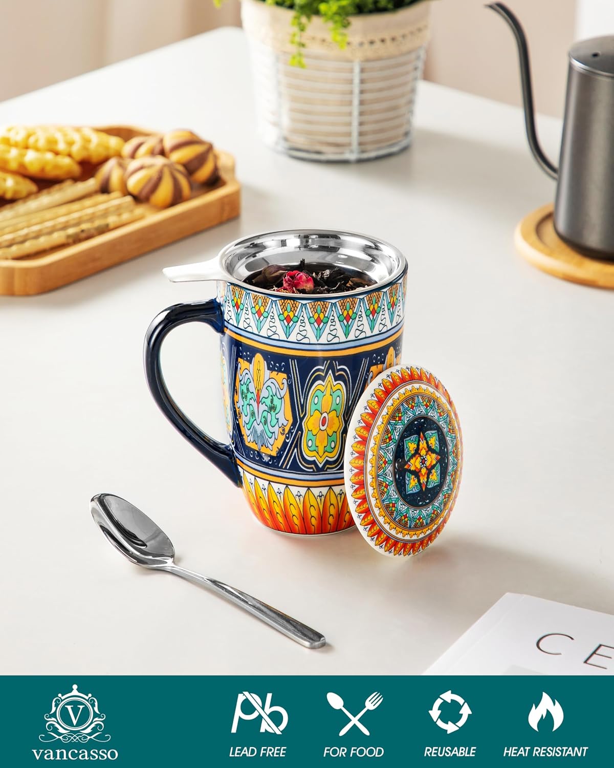 Ceramic Tea Infuser Mug with Lid, 18 oz – Bohemian Forest Daisy Pattern, Microwave & Dishwasher Safe