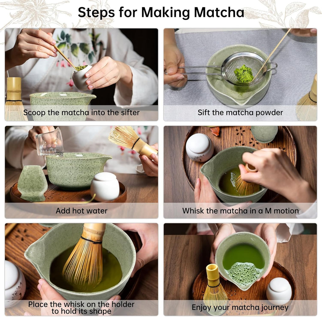 5-Piece Matcha Whisk Set – Green Ceramic Chawan, Bamboo Whisk, Scoop & Sifter