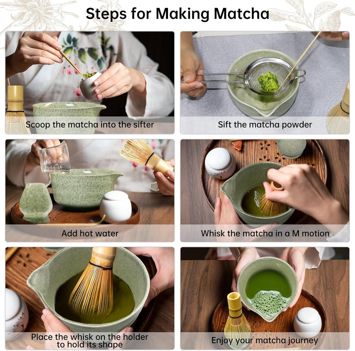 5-Piece Matcha Whisk Set – Green Ceramic Chawan, Bamboo Whisk, Scoop & Sifter