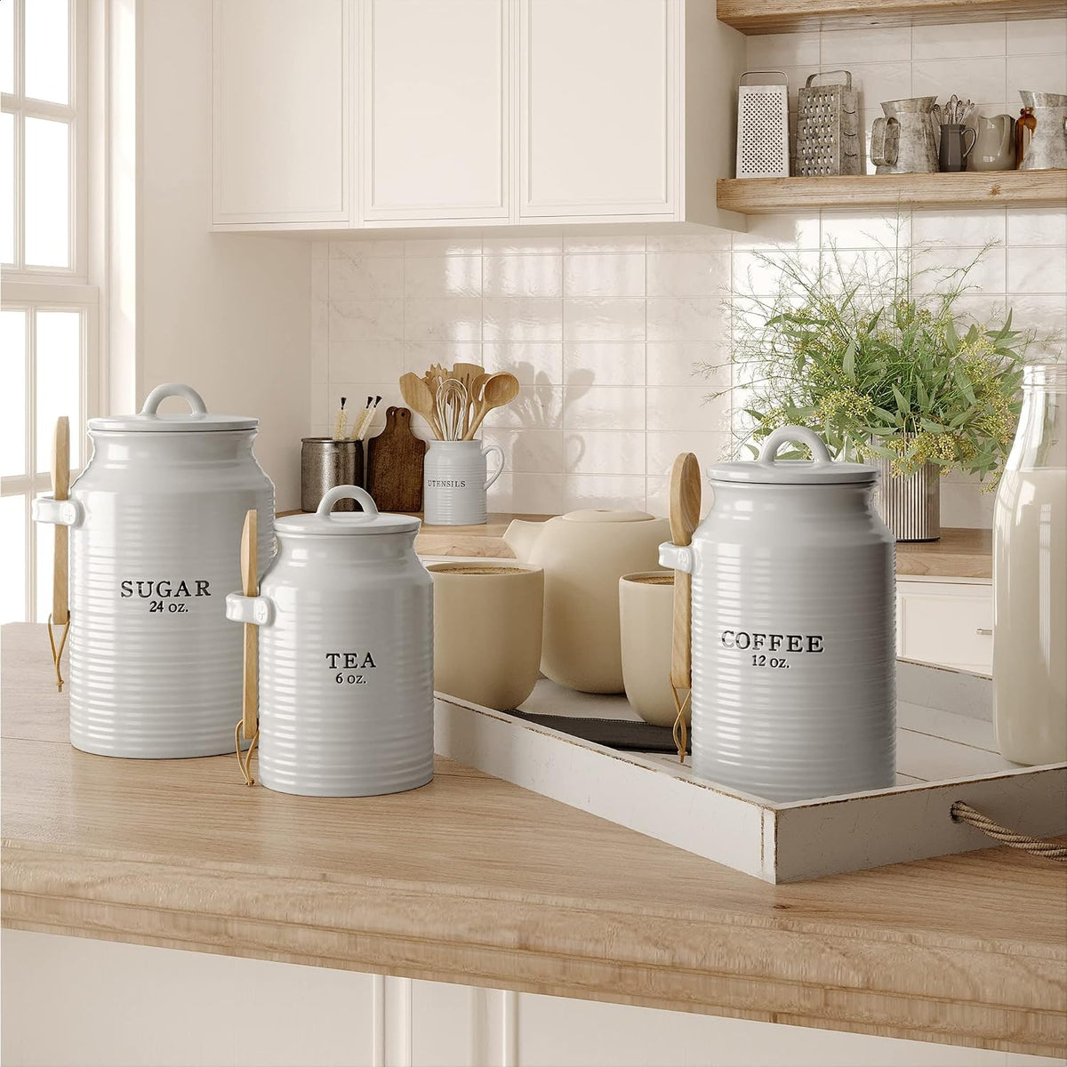 Barnyard Designs Ceramic Kitchen Canister Set of 3 – White Farmhouse, Coffee/Sugar/Tea, Airtight
