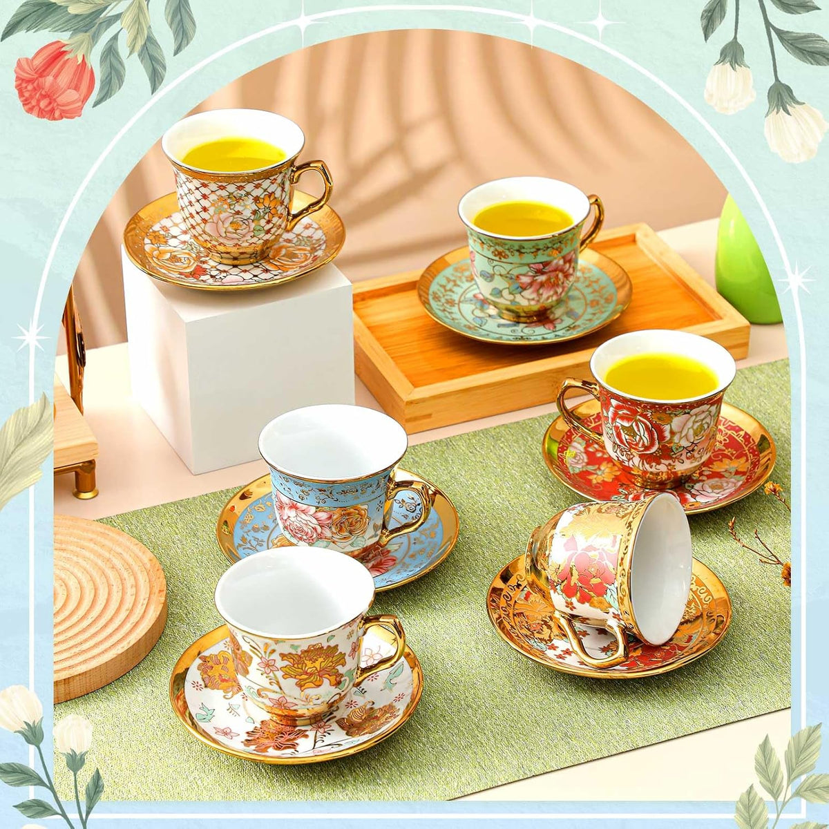 Floral Porcelain Tea Cups & Saucers Set of 18 – 6 Patterns, 5.4 oz