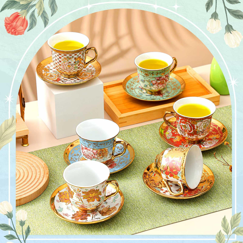 Floral Porcelain Tea Cups & Saucers Set of 18 – 6 Patterns, 5.4 oz