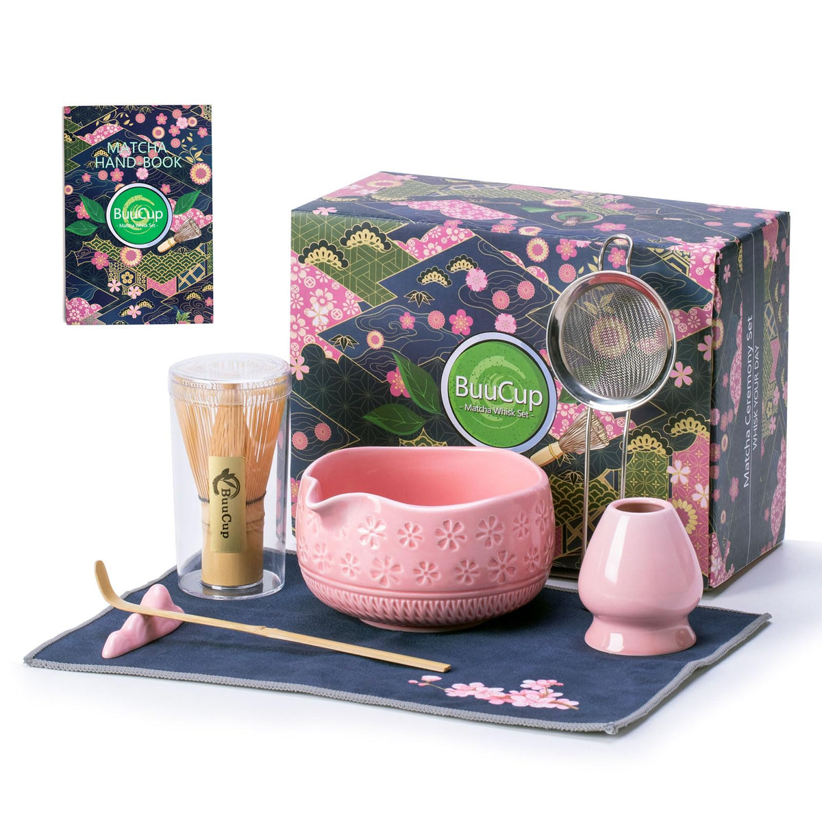 Buucup 7-Piece Green Ceramic Matcha Set – Bowl, Bamboo Whisk, Scoop, Holder, Rest, Sifter & Tea Towel