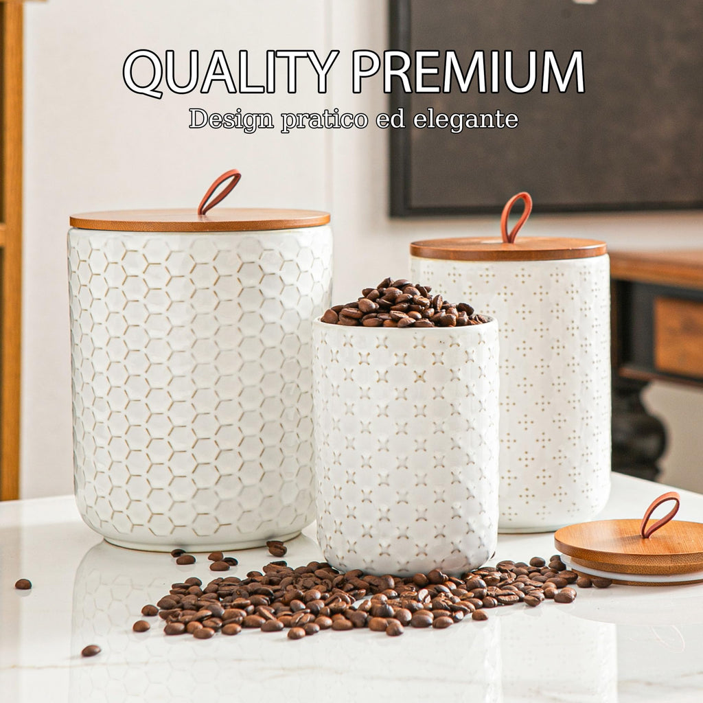 JOJUNO Black Embossed Ceramic Canister Set of 3 – Airtight Bamboo Lids, 30/48/82 oz