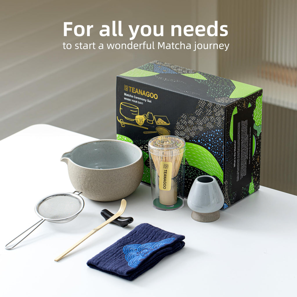 TEANAGOO 7-Piece Black Matcha Set – Ceramic Chawan, Whisk, Holder & Sifter for Ceremony & Latte
