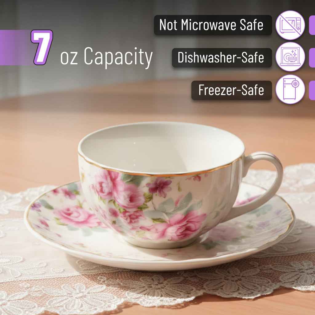 Floral Porcelain Tea Cups & Saucers Set of 6 – Midnight Blue