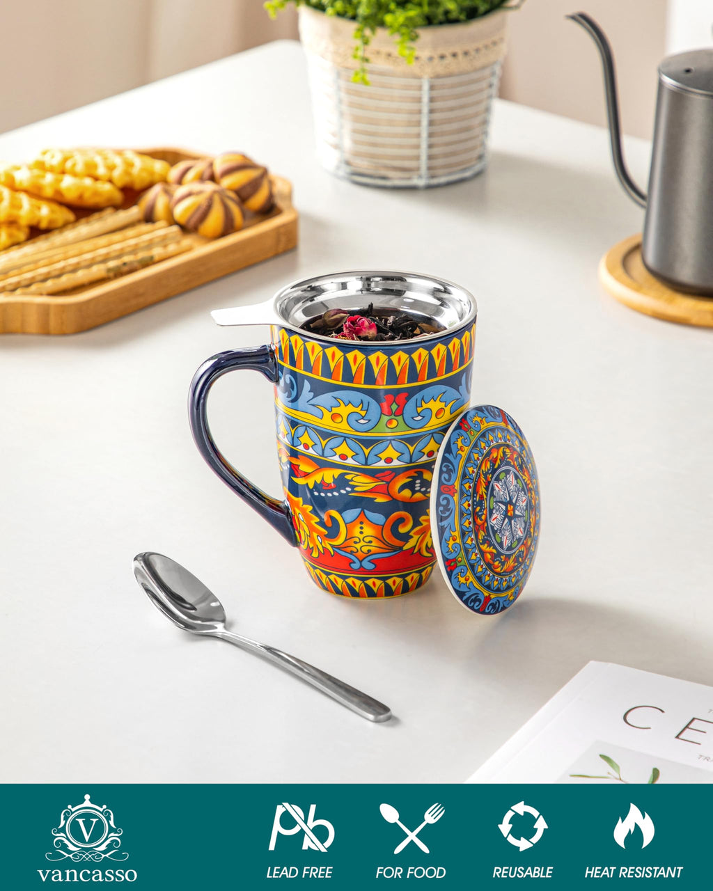 Ceramic Tea Infuser Mug with Lid, 18 oz – Bohemian Forest Daisy Pattern, Microwave & Dishwasher Safe
