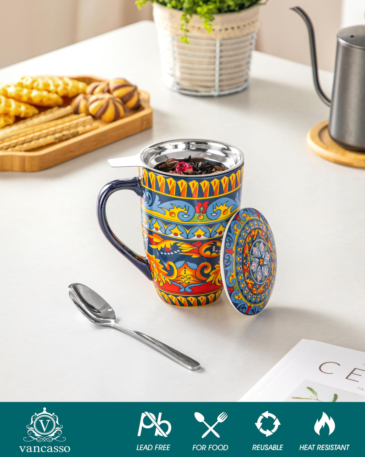 Ceramic Tea Infuser Mug with Lid, 18 oz – Bohemian Forest Daisy Pattern, Microwave & Dishwasher Safe