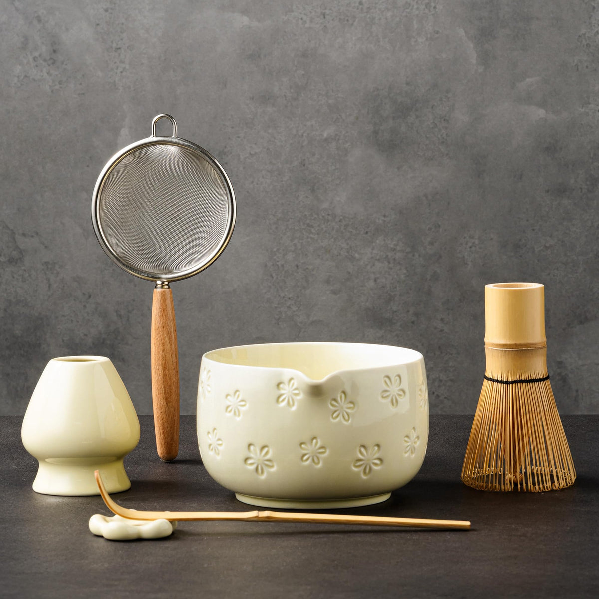 6-Piece Ceramic Matcha Set – Blue Cherry Blossom Bowl, 100-Prong Whisk, Scoop & Sifter