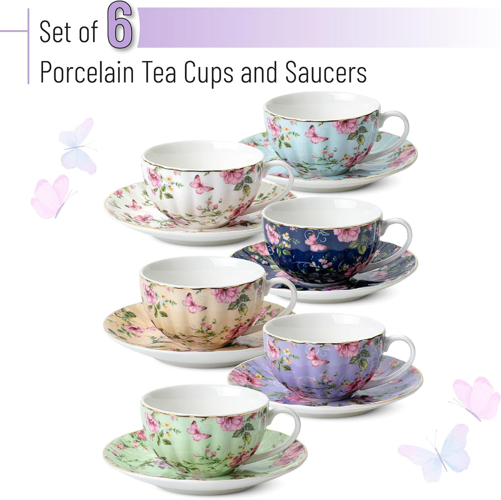 Floral Porcelain Tea Cups & Saucers Set of 6 – Midnight Blue