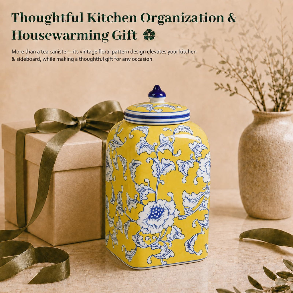 Ceramic Tea & Coffee Canister with Airtight Lid – 10" H, 121 fl oz, Green Peony Chinoiserie