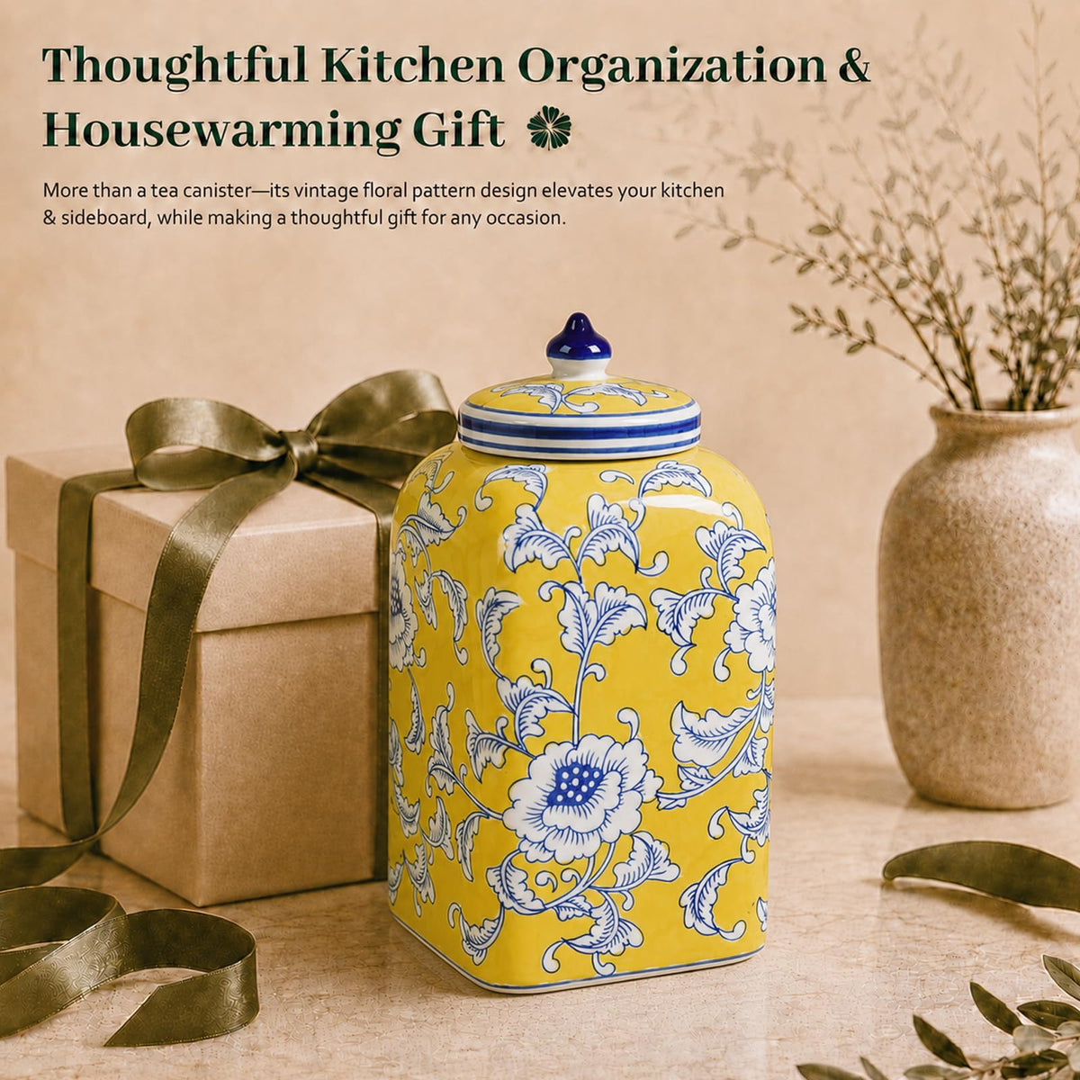 Ceramic Tea & Coffee Canister with Airtight Lid – 10" H, 121 fl oz, Green Peony Chinoiserie