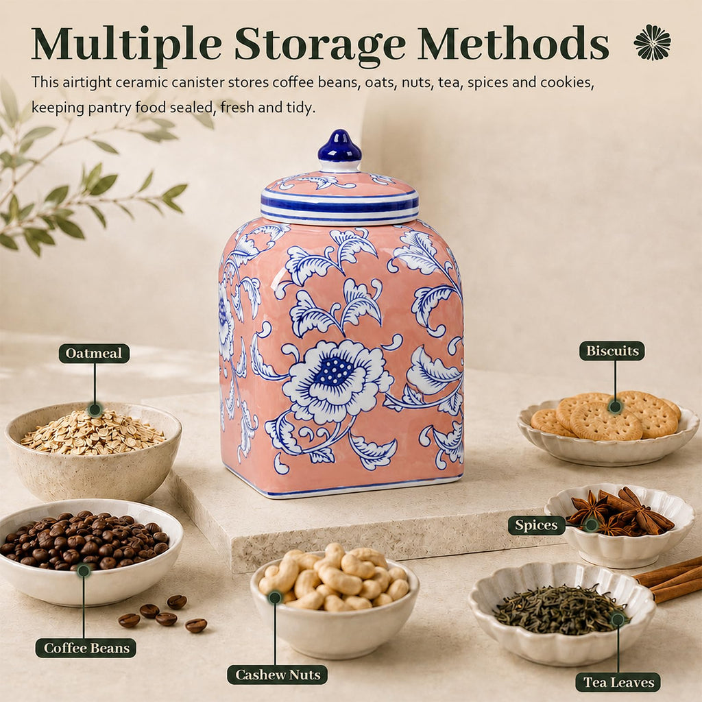 Ceramic Tea & Coffee Canister with Airtight Lid – 10" H, 121 fl oz, Green Peony Chinoiserie