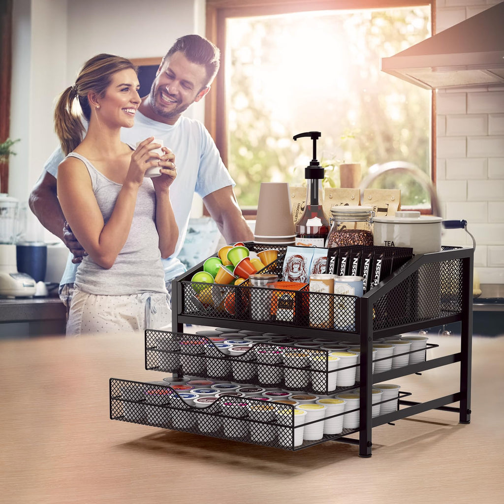 Homsorout Coffee Bar Organizer – Metal & Wood, Black and Brown
