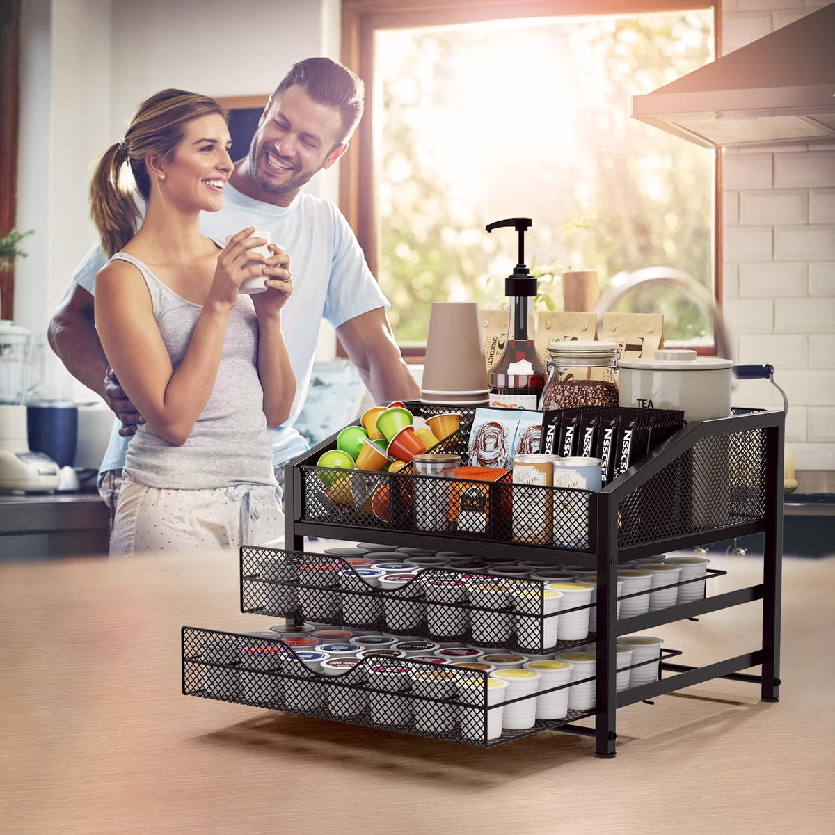 Homsorout Coffee Bar Organizer – Metal & Wood, Black and Brown