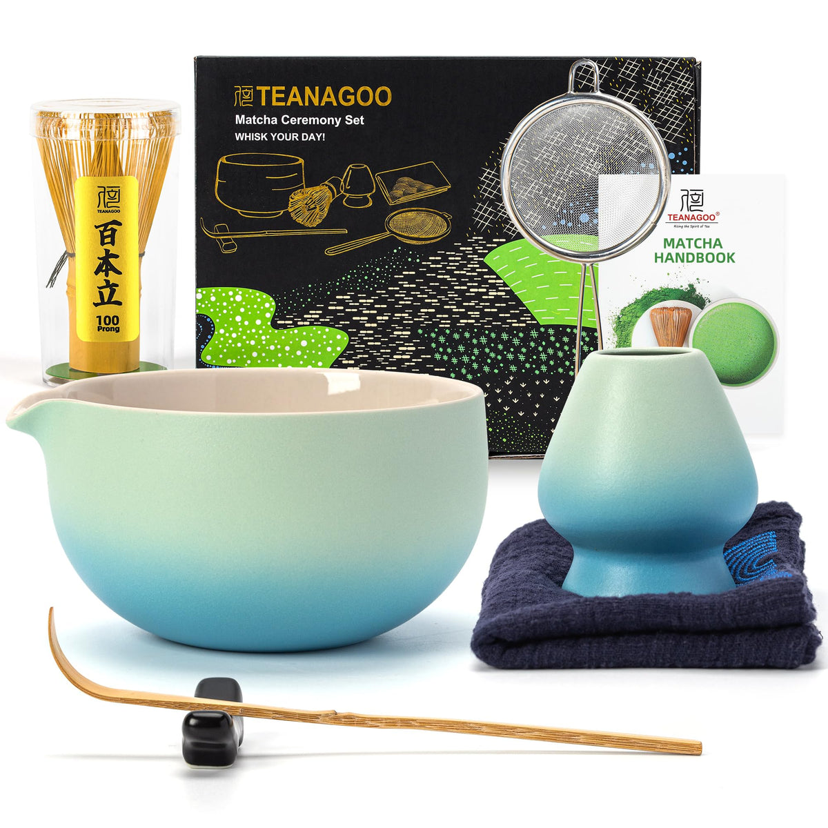 TEANAGOO 7-Piece Black Matcha Set – Ceramic Chawan, Whisk, Holder & Sifter for Ceremony & Latte