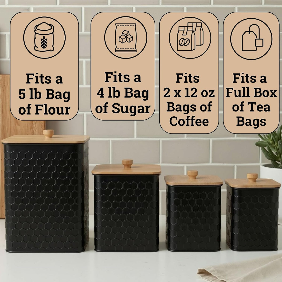 Honeycomb Metal Kitchen Canister Set of 4 – Airtight Bamboo Lids, Matte Black, 1.25–6.5 qt