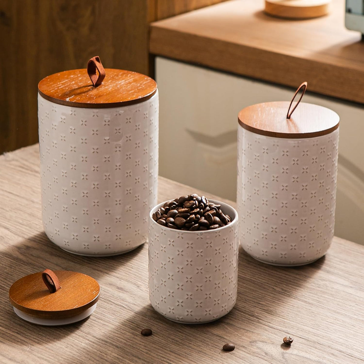 Mowtanco White Embossed Ceramic Canister Set of 3 – Airtight Bamboo Lids, 12/30/48 oz