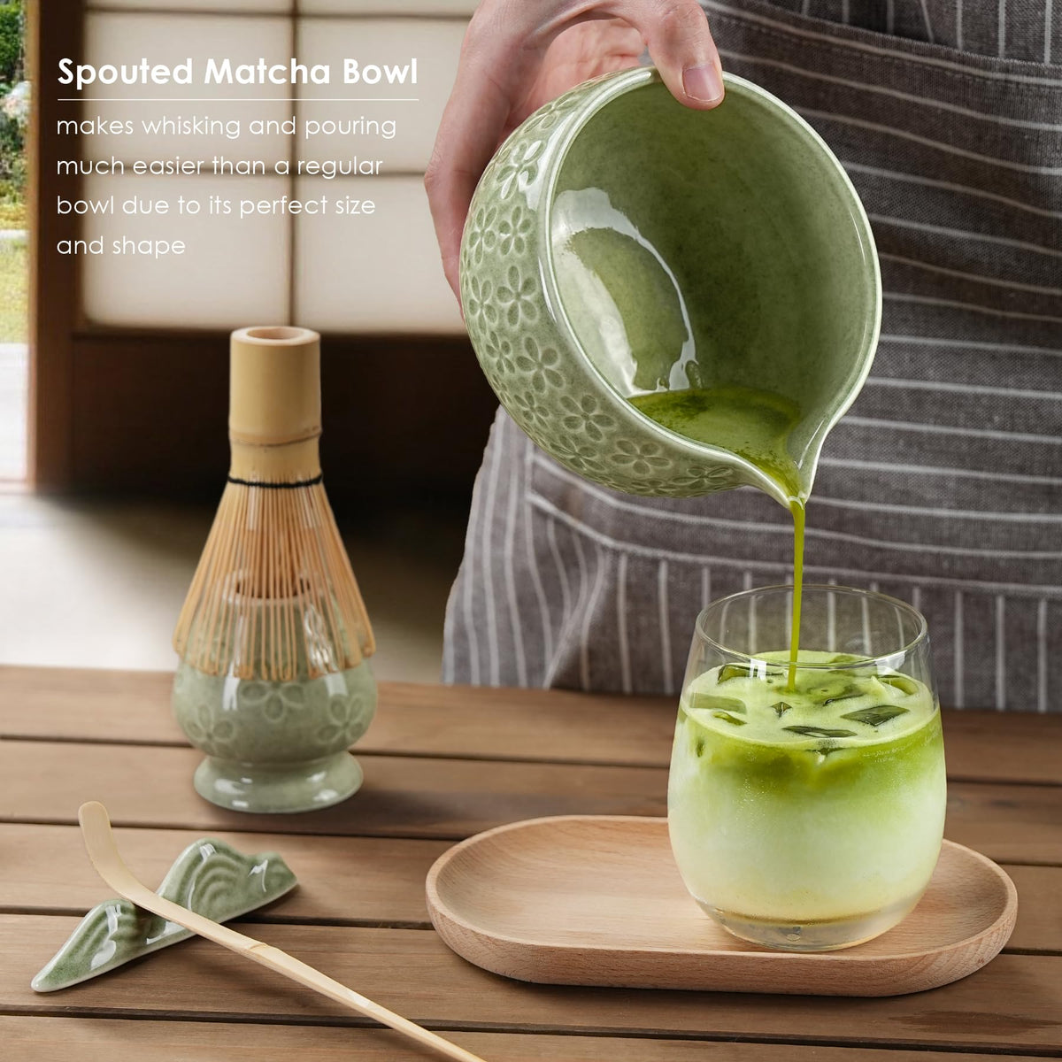 5-Piece Ceramic Matcha Set – Mottled Green Chawan, Handcrafted Bamboo Chasen, Scoop & Holder