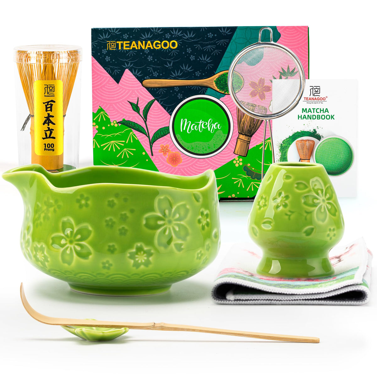 TEANAGOO 7-Piece Black Matcha Set – Ceramic Chawan, Whisk, Holder & Sifter for Ceremony & Latte