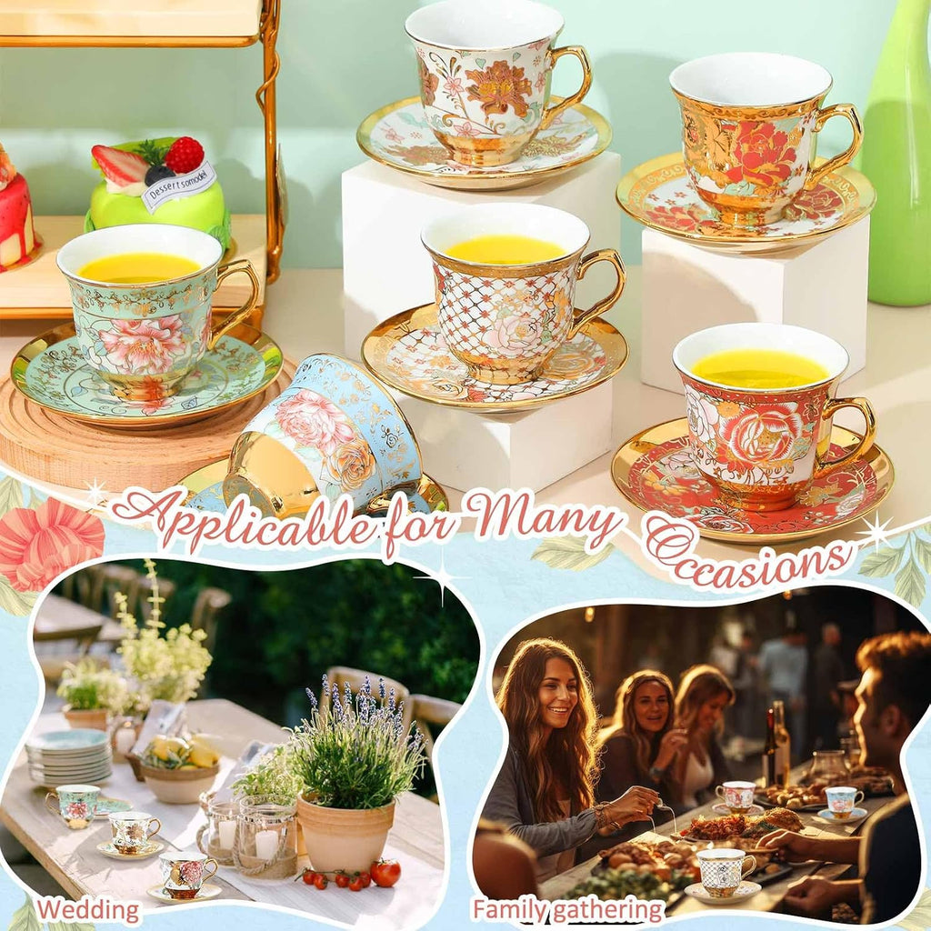 Floral Porcelain Tea Cups & Saucers Set of 18 – 6 Patterns, 5.4 oz