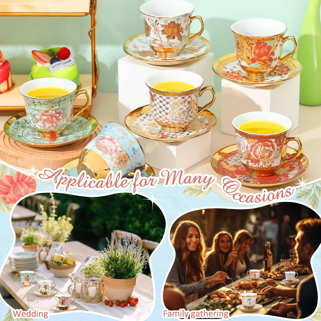 Floral Porcelain Tea Cups & Saucers Set of 18 – 6 Patterns, 5.4 oz