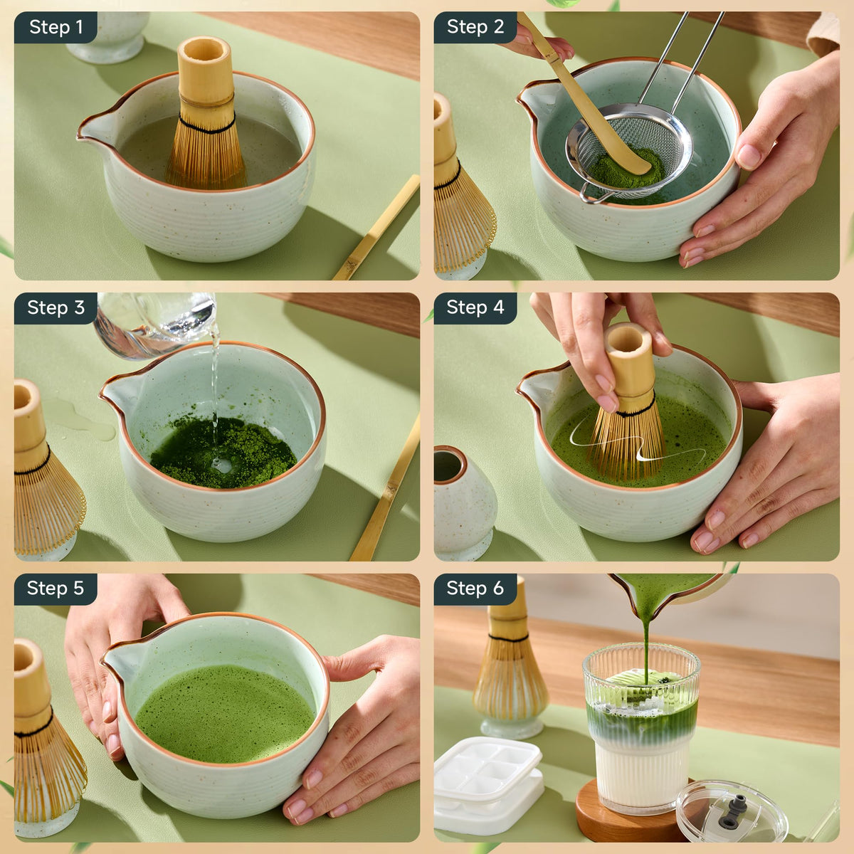 ComboJoy Complete Matcha Kit – Bowl, Whisk, Glass Cup with Straw & Ice Cube Tray for Hot & Iced Matcha
