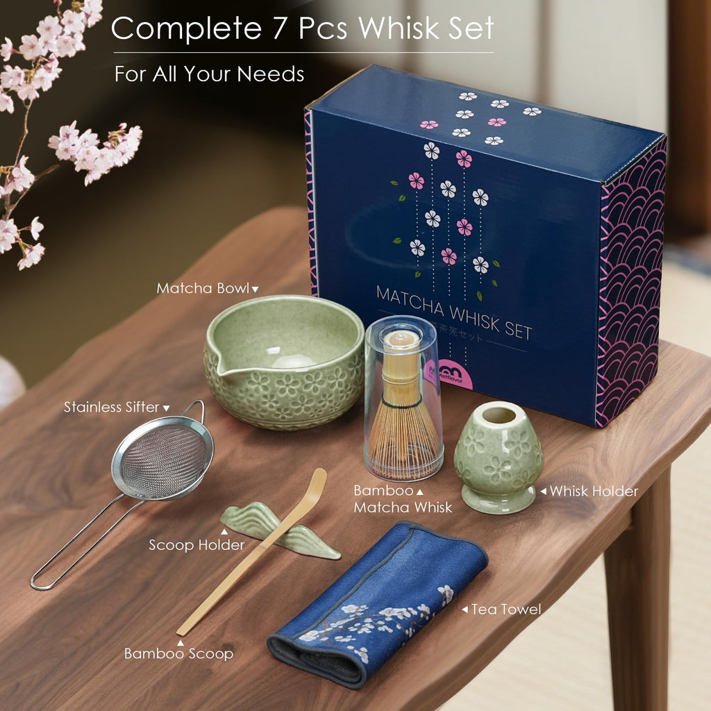 5-Piece Ceramic Matcha Set – Mottled Green Chawan, Handcrafted Bamboo Chasen, Scoop & Holder