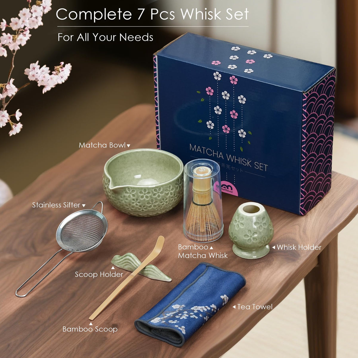 5-Piece Ceramic Matcha Set – Mottled Green Chawan, Handcrafted Bamboo Chasen, Scoop & Holder