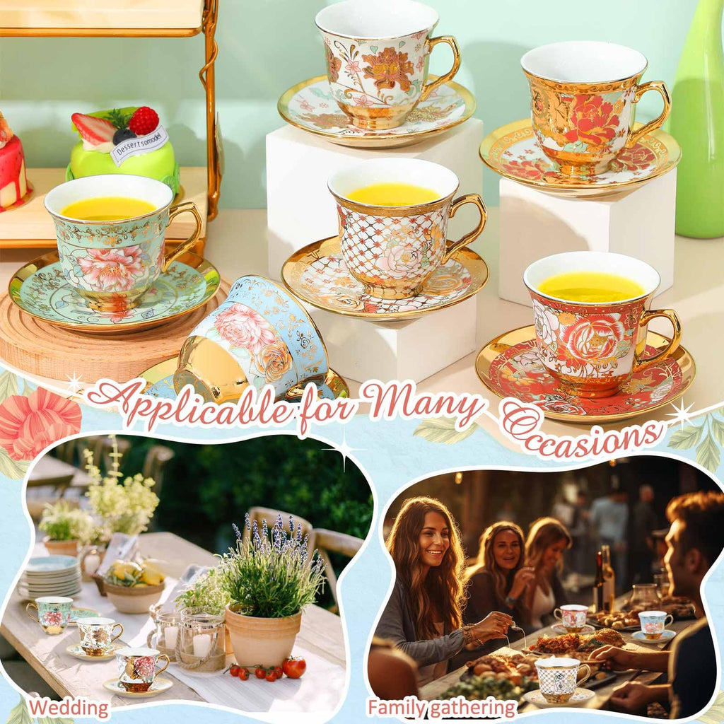 Floral Porcelain Tea Cups & Saucers Set of 18 – 6 Patterns, 5.4 oz