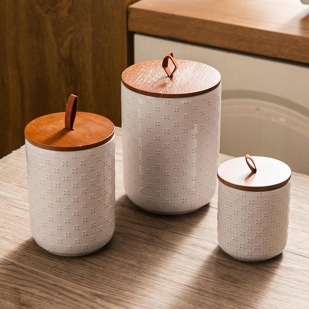 Mowtanco White Embossed Ceramic Canister Set of 3 – Airtight Bamboo Lids, 12/30/48 oz