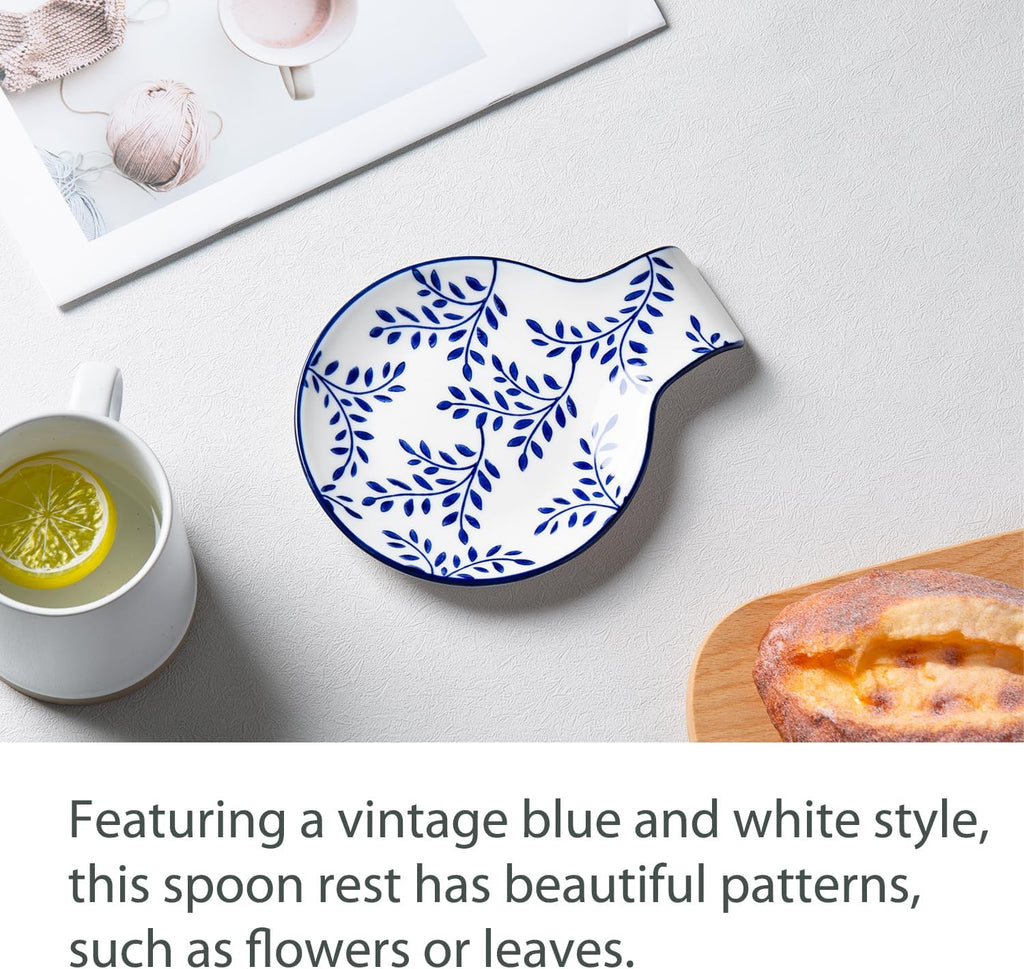 Ceramic Vintage Spoon Rest – 5.5" Blue & White Leaf, Porcelain
