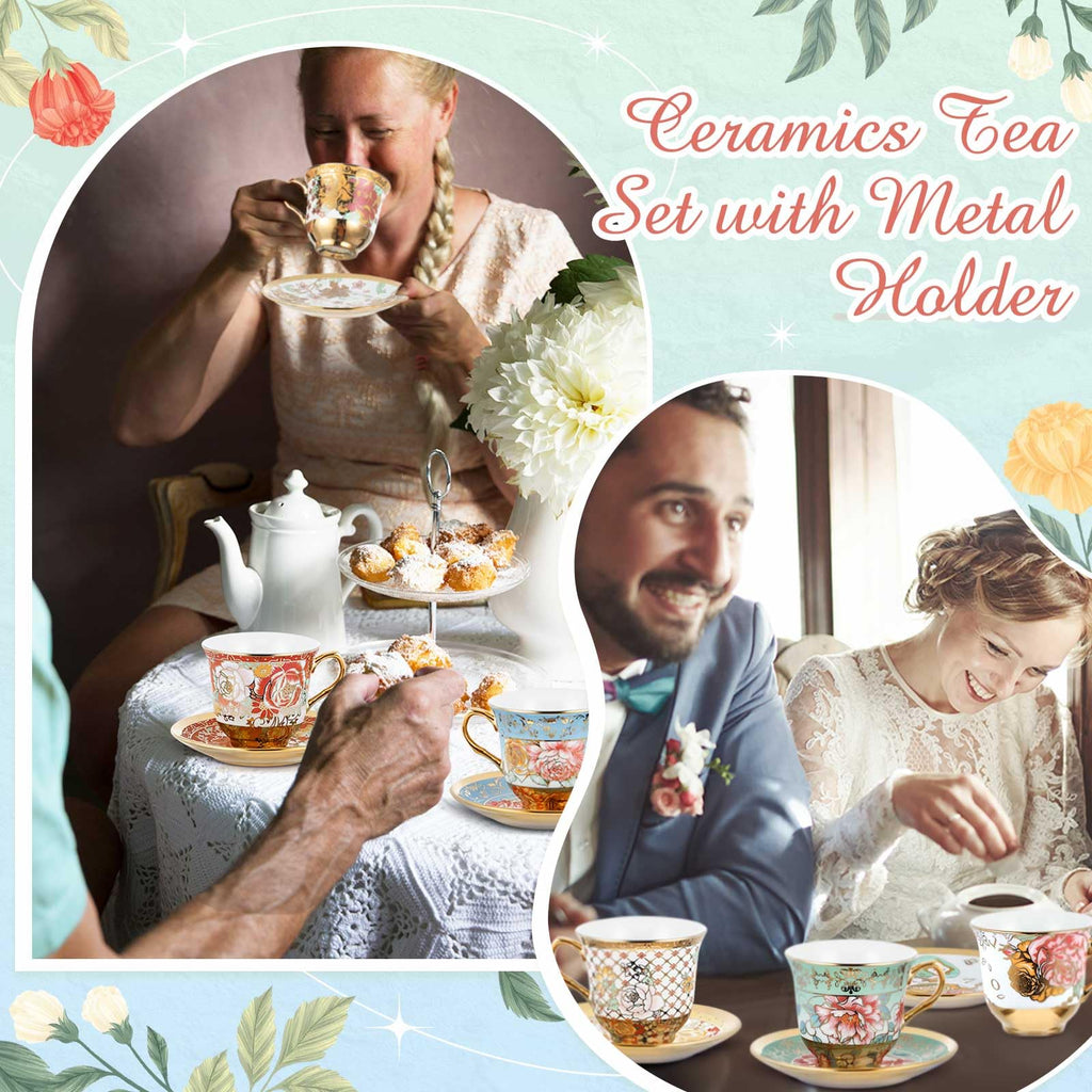 Floral Porcelain Tea Cups & Saucers Set of 18 – 6 Patterns, 5.4 oz