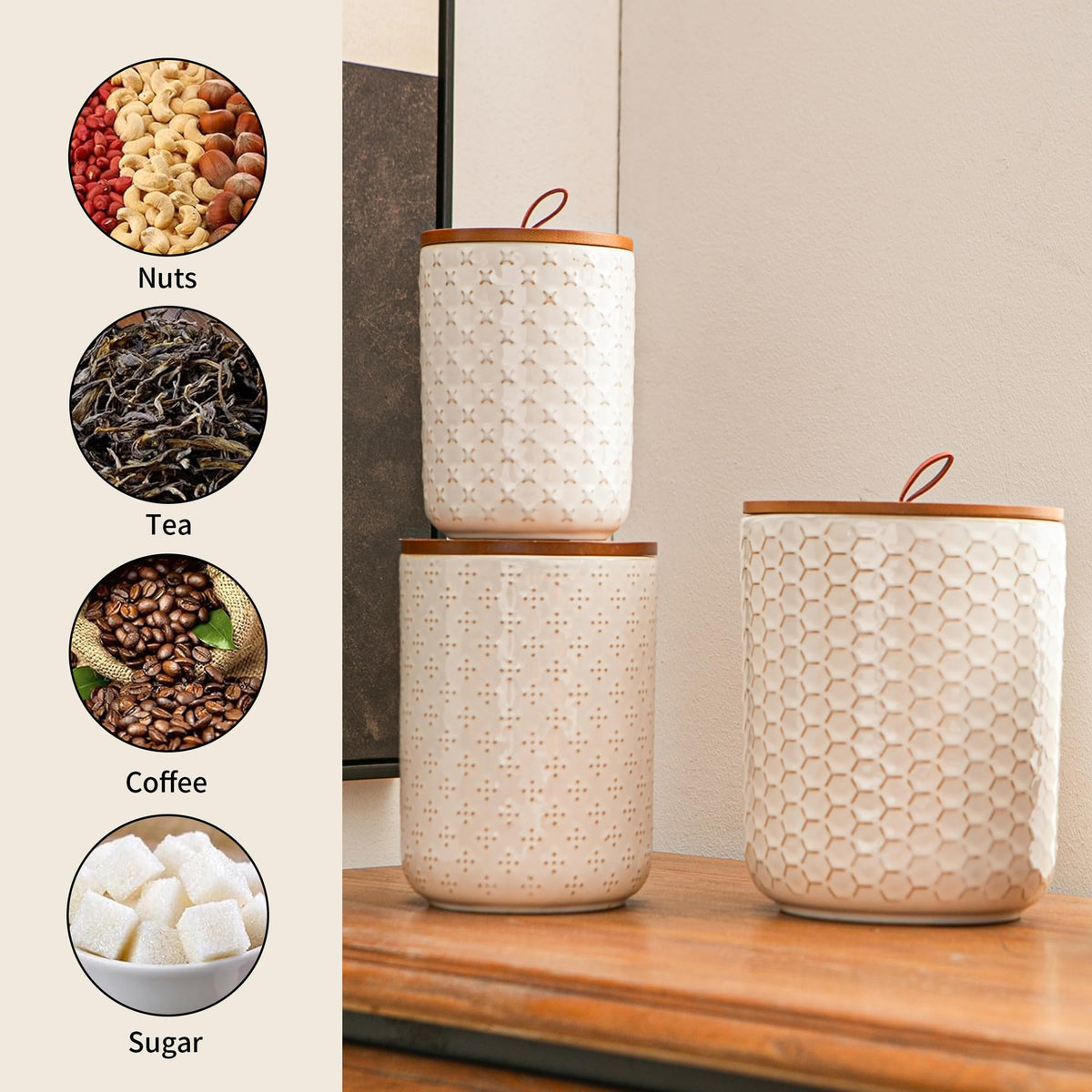 JOJUNO Black Embossed Ceramic Canister Set of 3 – Airtight Bamboo Lids, 30/48/82 oz