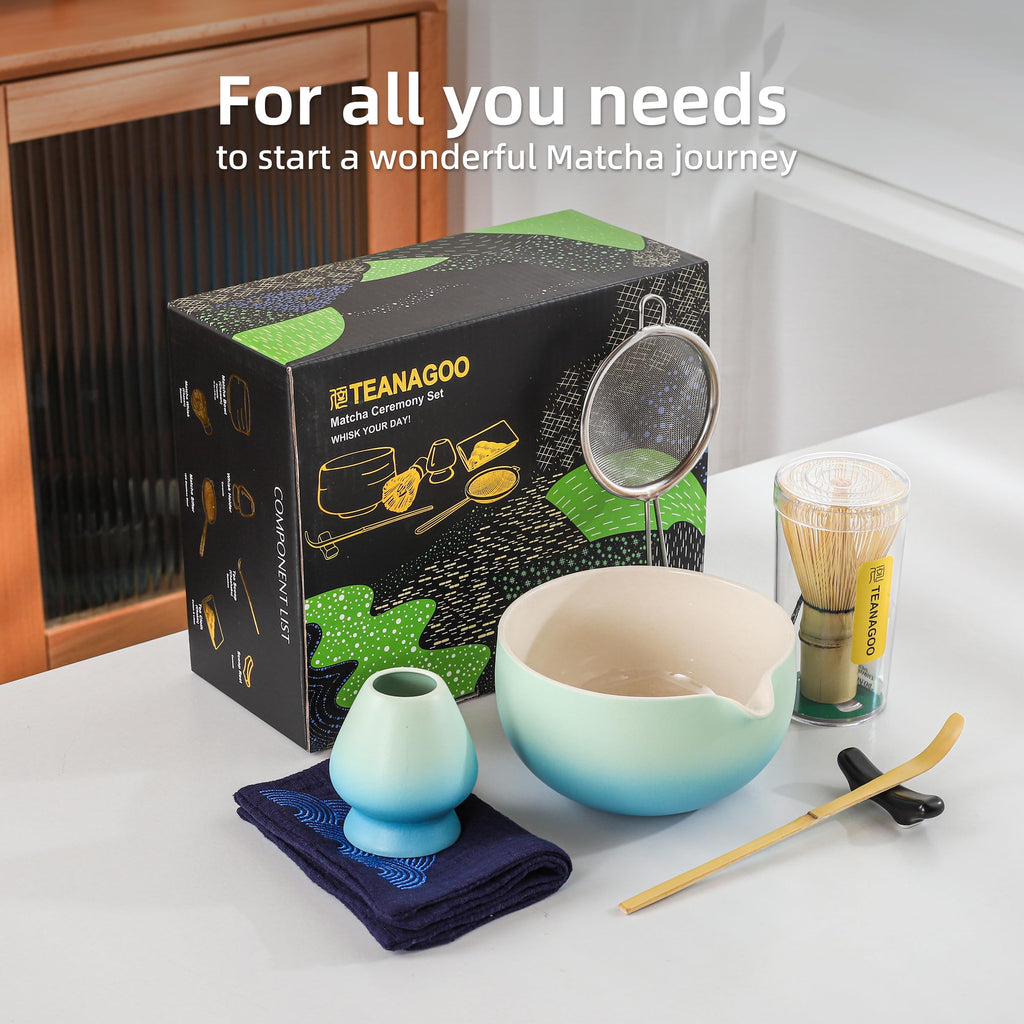 TEANAGOO 7-Piece Black Matcha Set – Ceramic Chawan, Whisk, Holder & Sifter for Ceremony & Latte