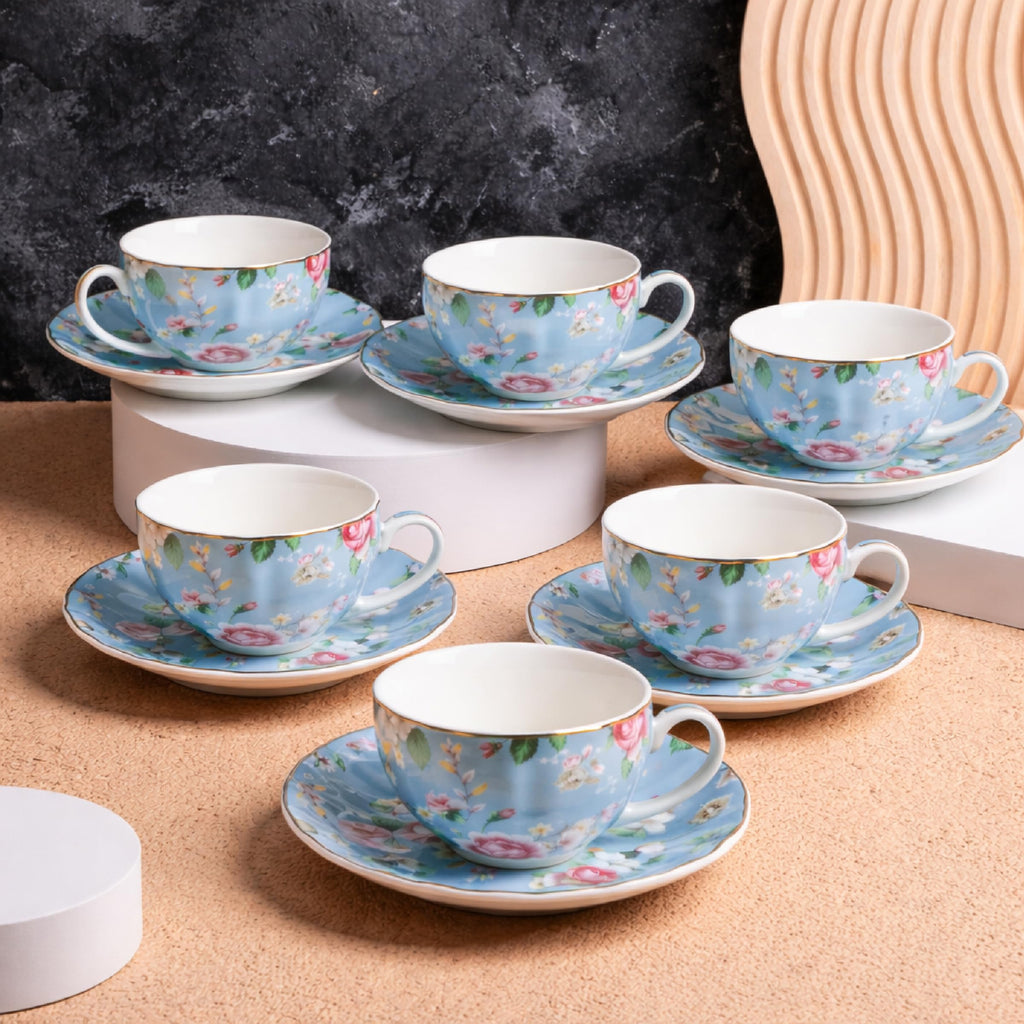 Floral Porcelain Tea Cups & Saucers Set of 6 – Midnight Blue