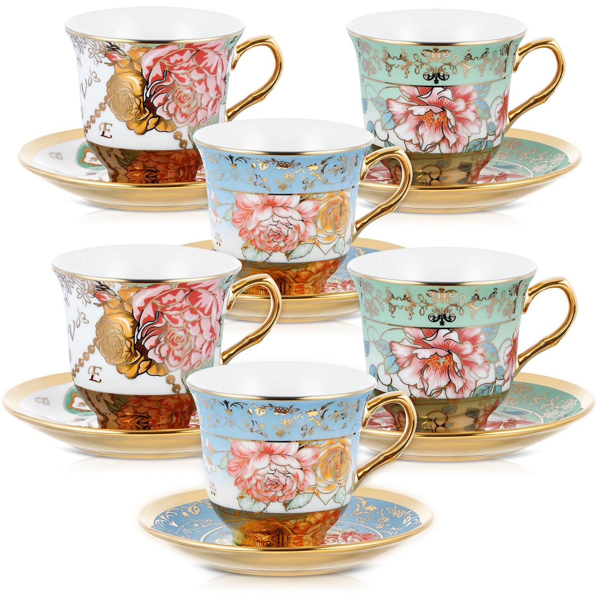 Floral Porcelain Tea Cups & Saucers Set of 18 – 6 Patterns, 5.4 oz