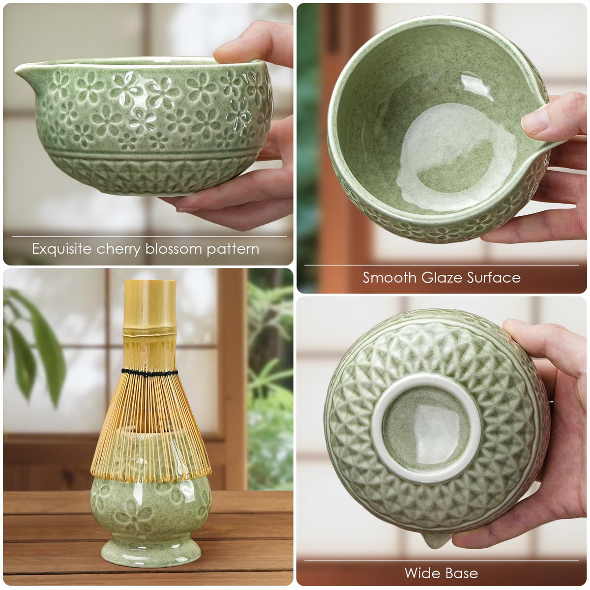 5-Piece Ceramic Matcha Set – Mottled Green Chawan, Handcrafted Bamboo Chasen, Scoop & Holder