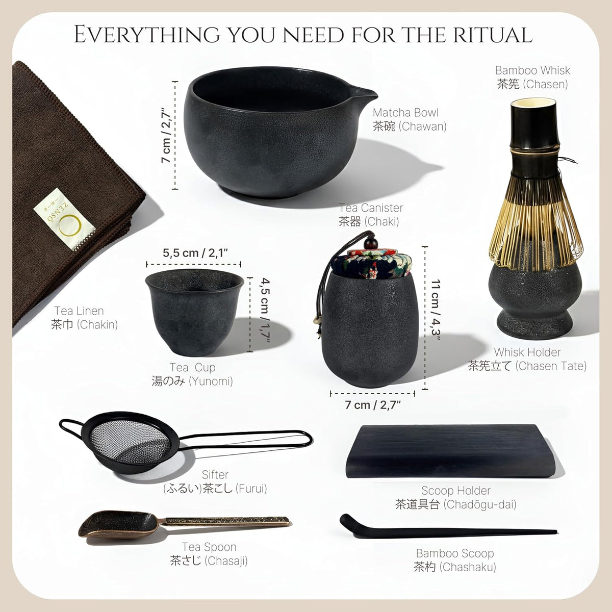 ZENSO 10-Piece Premium Matcha Set – Handmade Ceramics, Purple Bamboo Whisk & Tea Canister, Dark Gray